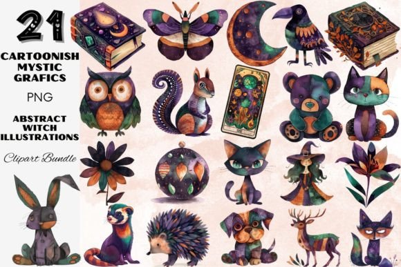 Enchant Your Designs: The Abstract Cartoonish Mystic Animal Witch Collection