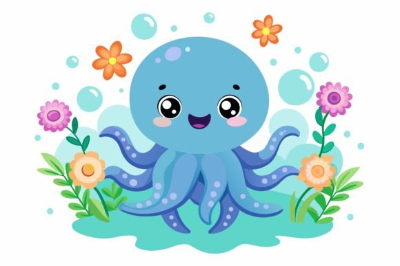 Octopus Animal Cartoon with Flowers on a Design: A Whimsical Asset