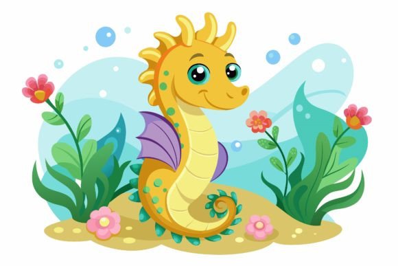 Seahorse Animal Cartoon with Flowers on: A Lively Design Asset